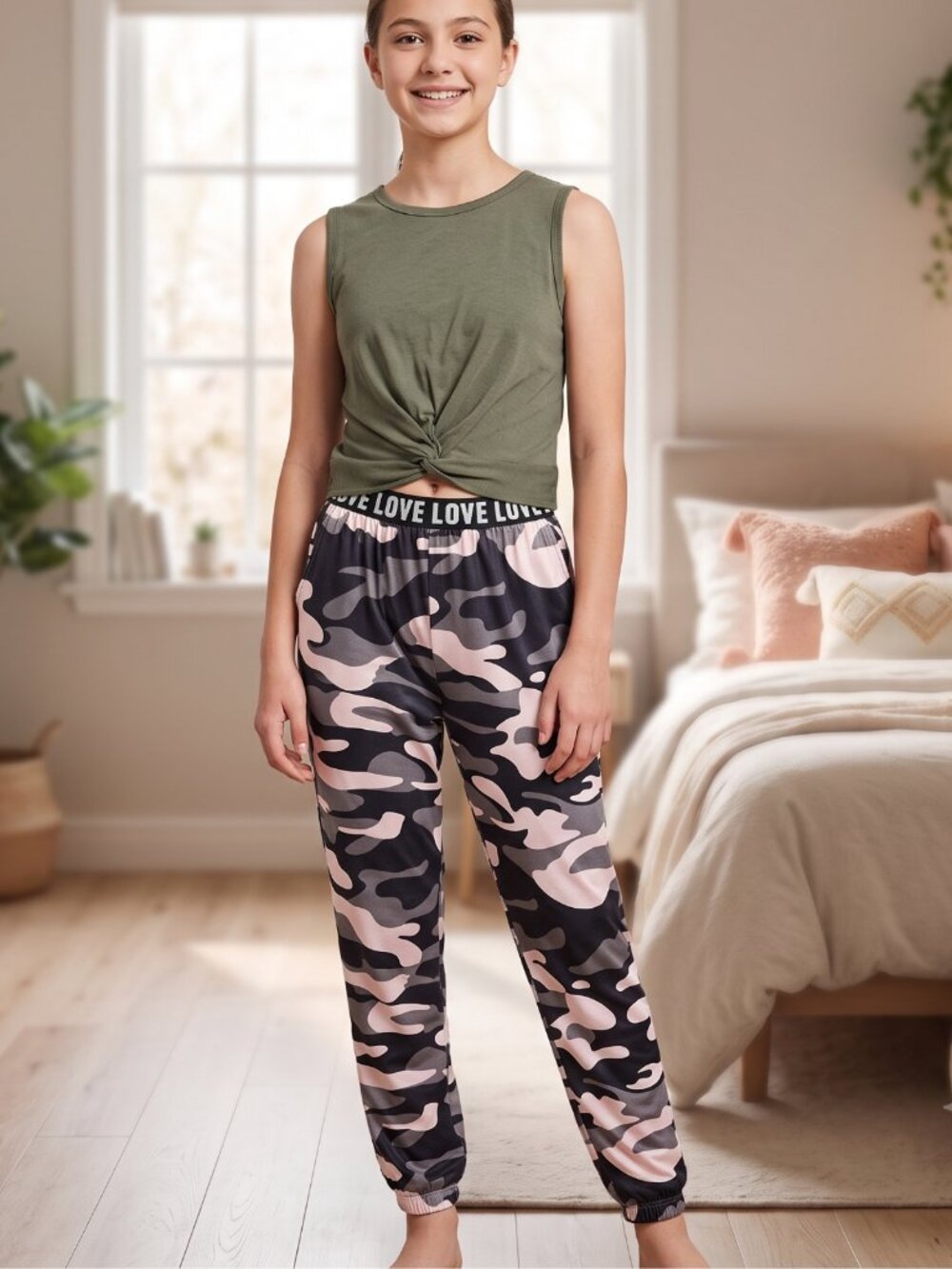 NWOT | Teen 2-Piece Pajama Lounge Set | Olive Knot Tank | Pink Camo Joggers | 13